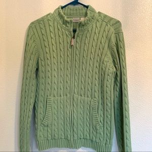 LL Bean Moss Green Cable Knit Zip Front Sweater